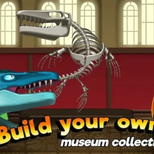 A screenshot showcasing the gameplay of Dino Quest, featuring a dinosaur skeleton being excavated.