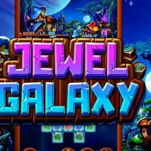 A screenshot showcasing the gameplay of Jewel Galaxy with colorful gems arranged on a grid.