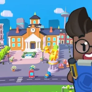A screenshot showcasing the gameplay of Merge Mayor, featuring colorful buildings and merging items.