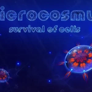 A screenshot showcasing the gameplay of Microcosmum with colorful cells and organisms.