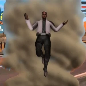 A screenshot showcasing the gameplay of Wind Hero, a character utilizing magical powers amidst a city backdrop.