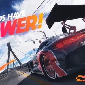 A screenshot showing a rally car drifting around a corner in Rally Horizon.