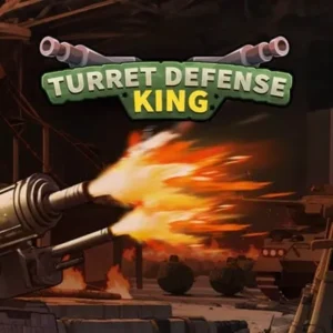 A screenshot showing the gameplay of Turret Defense King with various turrets defending against enemies.