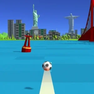 A soccer ball flying towards the Eiffel Tower in the Soccer Kick game.