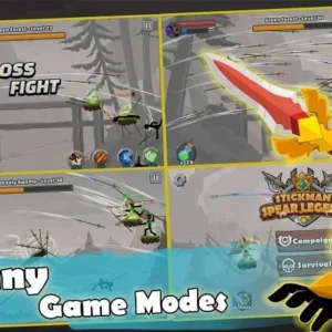 A Stickman character throwing a spear at a monster in Stickman Spear Legend.