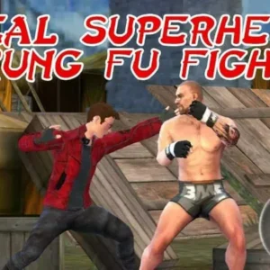 A superhero fighting a robot in Superhero Kungfu Fighting Game.