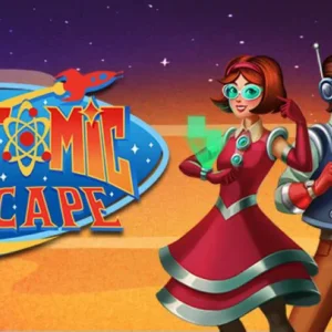 A woman standing in a retro-futuristic room in Atomic Escape.