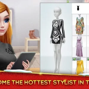 A woman using a tablet to play Super Stylist.