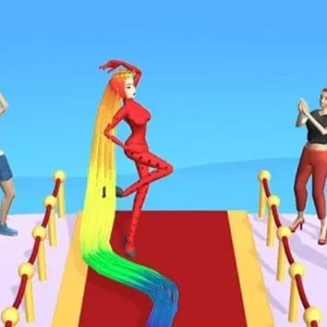 A woman with long, colorful hair running through an obstacle course in the Hair Challenge game.
