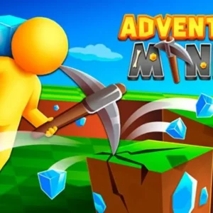 A yellow character with a pickaxe mining colorful cubes in Adventure Miner.