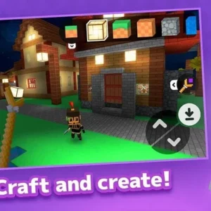 Alt text: Crafty Lands gameplay screenshot showing a character building a house.