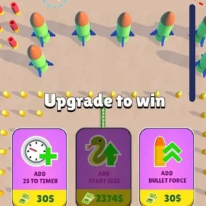 Alt text: Crazy Snake gameplay screenshot showing the snake eating weapons.