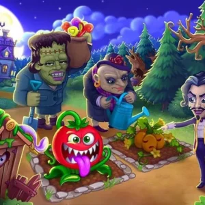 Alt text describing a gameplay screenshot of Monster Farm with various monsters tending to crops.