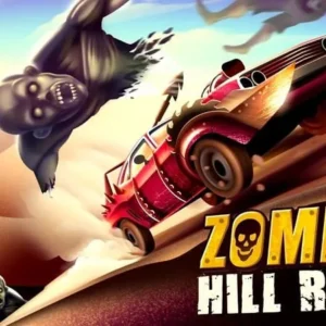 Alt text for a screenshot showing gameplay of Zombie Hill Racing with a car driving over zombies