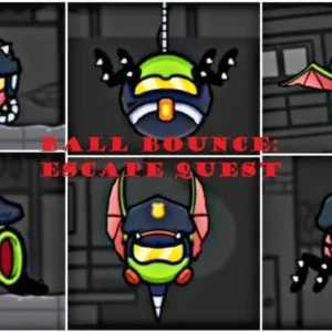 Alt text for image 1: Ball Bounce Escape Quest gameplay screenshot showcasing the main character and vibrant environment.