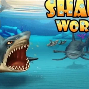 Alt text for image 1: Shark World gameplay screenshot showing various sharks.
