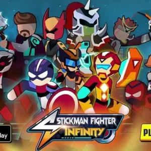 Alt text for image 1: Stickman Fighter Infinity gameplay screenshot showing four stickmen in a battle.
