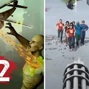 Alt text: Gun War Z2 gameplay screenshot showcasing a helicopter shooting zombies on top of buildings.