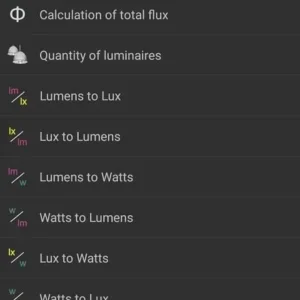 Alt text: Lighting Calculations app interface showcasing its various calculation features.