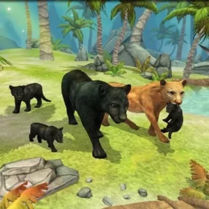 Alt text: Panther Family Sim Online gameplay screenshot showing a black panther in a lush forest environment.