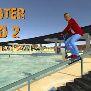 Alt text: Screenshot of gameplay in Scooter FE3D 2 showing a scooter rider performing a trick in a skatepark.