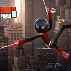 Alt text: Stickman Rope Hero 2 gameplay screenshot showing the stickman swinging through the city.