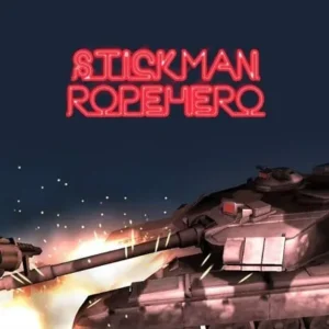 Alt Text: Stickman Rope Hero gameplay screenshot showing the character swinging through the city.