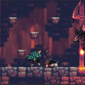 Alt text: Tanjiro battling a demon in Tanjiro Game: Pixel Adventure.