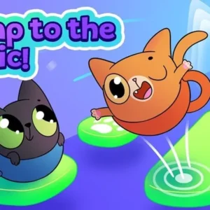 Cat in a cup jumping between musical platforms