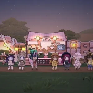 Gameplay of Bistro Heroes showing anime-style characters in battle.