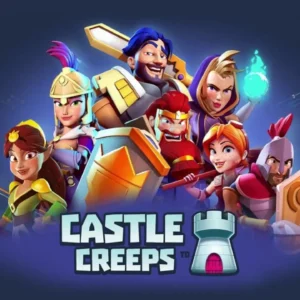 Gameplay of Castle Creeps TD with various heroes and towers defending against enemies.