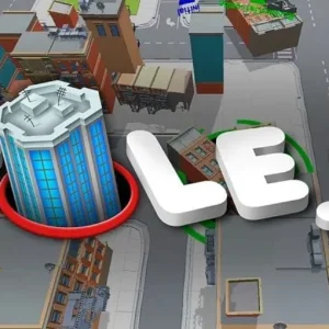 Gameplay of Hole.io showing a black hole swallowing buildings