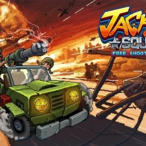 Gameplay of Jackal Squad showing pixelated graphics and a jeep shooting enemies.