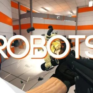 Gameplay of ROBOTS showing the player shooting robots in a futuristic office environment.
