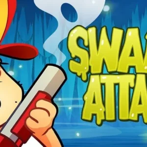 Gameplay of Swamp Attack showing the main character defending his house.