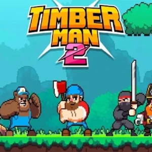 Gameplay of Timberman 2 showing a lumberjack chopping a tree.