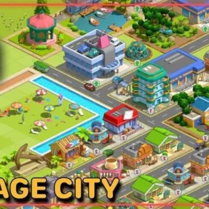 Gameplay of Village City showing various buildings and decorations.