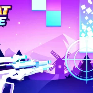 Gameplay screenshot of Beat Fire, showing blocks falling from the top and a gun aiming at them.