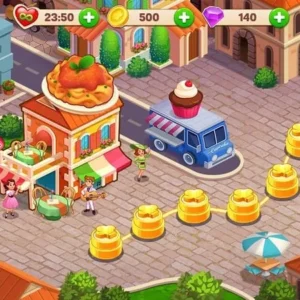 Gameplay screenshot of Cooking Dream showing various dishes being prepared.