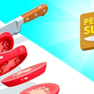Gameplay screenshot of Perfect Slices showing a knife slicing through vegetables.