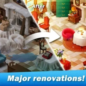 Gameplay screenshot of Restaurant Renovation showing the match-3 puzzle interface.