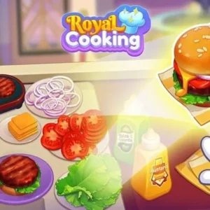 Gameplay screenshot of Royal Cooking showing the kitchen and food preparation.