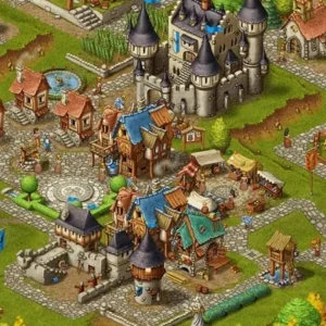Gameplay screenshot of Townsmen showing a medieval town.
