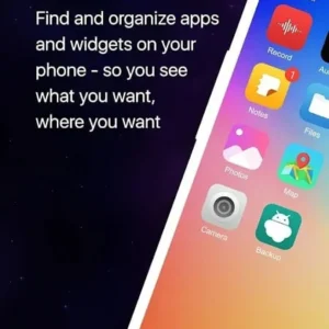 Launcher showing various app icons and widgets.