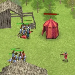 Medieval battle scene with knights on horseback.