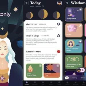 Moonly App interface showcasing moon phases and daily tips.
