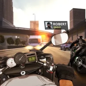 Motorcycle rider leaning into a turn on a race track.