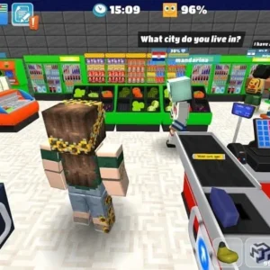 School gameplay showing character building a house.